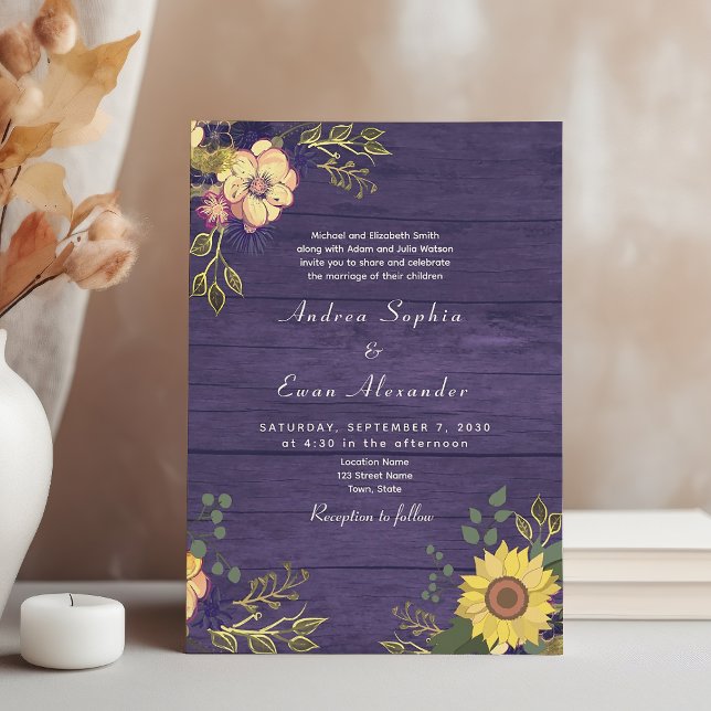 Convites Girassol Boho Rústico Casamento Roxo (Criador carregado)