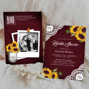 Convites Girassol Borgonha Código QR Foto Chá de Noiva