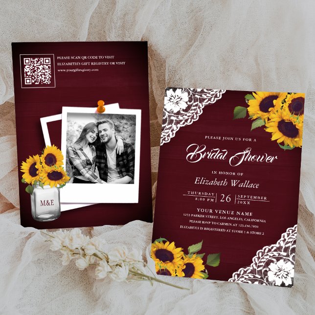 Convites Girassol Borgonha Código QR Foto Chá de Noiva (Criador carregado)