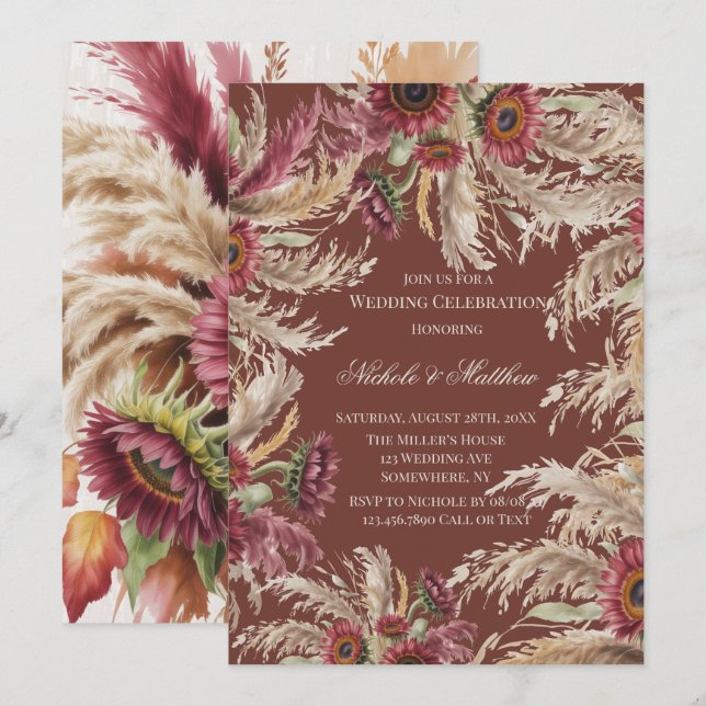Convites Girassol Borgonha e Grama das Pampas Casamento (Frente/Verso)