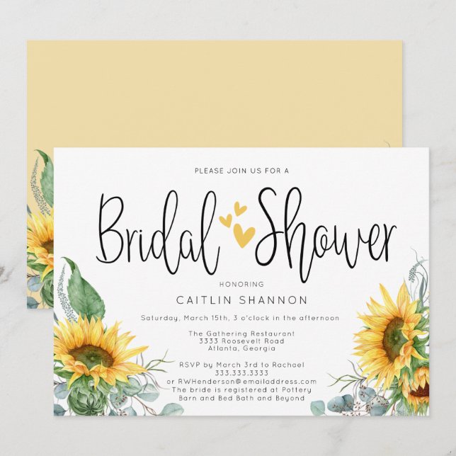 Convites Girassol Chá de panela russo com corações amarelos (Frente/Verso)