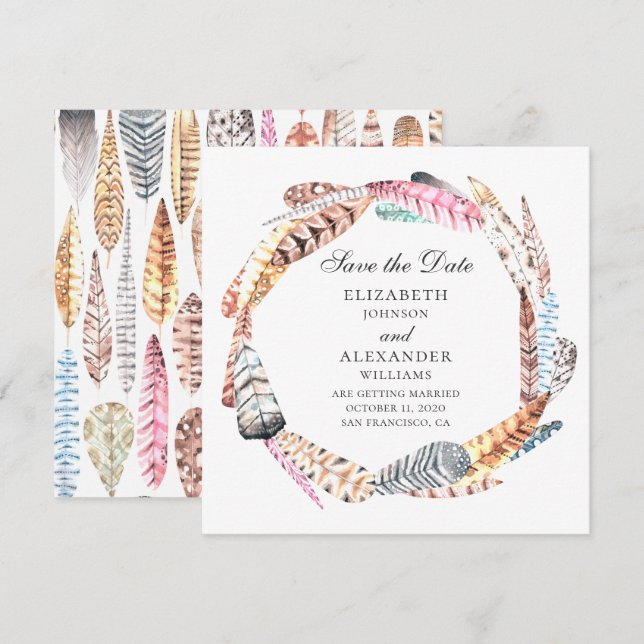 Convites Girassol de penas. Salve a data de casamento boho (Frente/Verso)