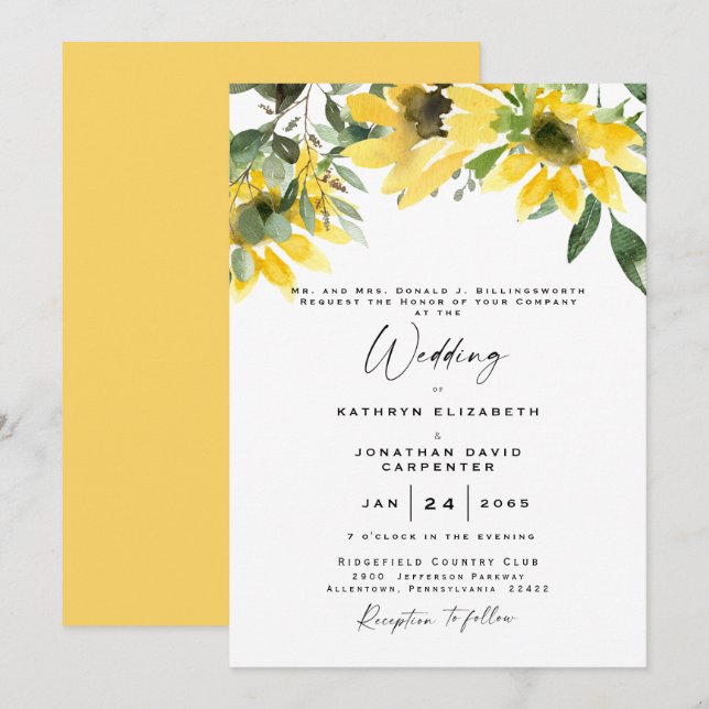 Convites Girassol Eucalyptus Watercolor e amarelo (Frente/Verso)