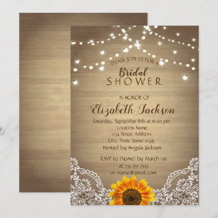 Convites Girassol, laço, chá de panela rústico de madeir