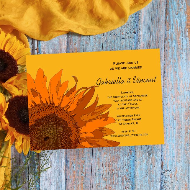 Convites Girassol Laranja no Casamento Amarelo (Invite guests to your summer or fall marriage with the Orange Sunflower Wedding Invitation.)