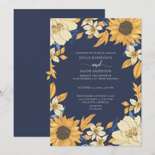 Convites Girassol Moderno Azul Amarelo Creme Floral Casamen