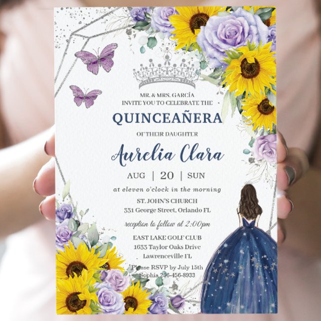 Convites Girassol Roxo Floral Marinho Azul Quinceañera (Criador carregado)