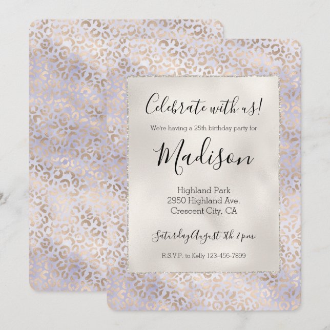 Convites Girassol Roxo Glam Dourado Leopard Print Watercolo (Frente/Verso)