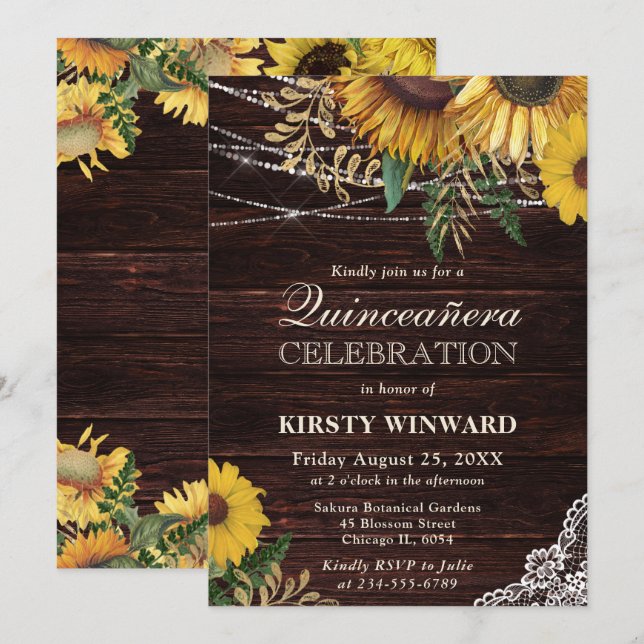 Convites Girassol Russo e Luzes de Corda Quinceanera (Frente/Verso)