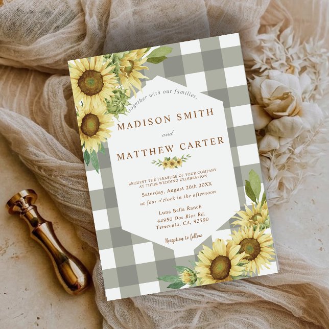 Convites Girassol Rústico Xadrez de Búfalo de Quadros de No (Rustic Sunflower Gingham Buffalo Plaid Wedding Invitation)