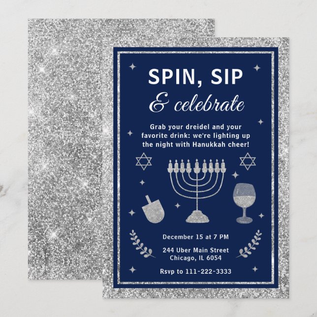 Convites Gire, Beba & Celebre a Festa de Hanukkah (Frente/Verso)