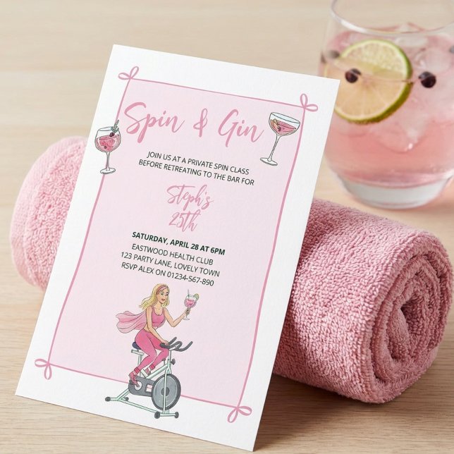 Convites Gire e Gin Rosa Aula e Festa de Cocktail (Spin and Gin party invitation  for fun loving fitness pals)