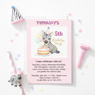 Convites Girl 5th Birthday Party with Zebra Invitation