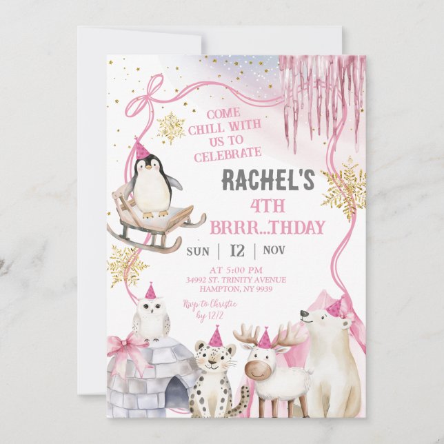 Convites Girl Arctic Animals Birthday Party Invitation (Frente)