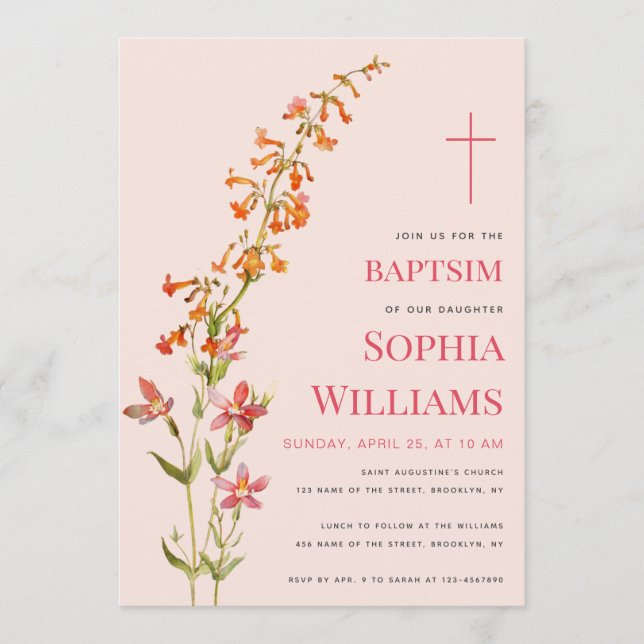 Convites  Girl Baptism Pink Floral Watercolor Wildflowers (Frente)