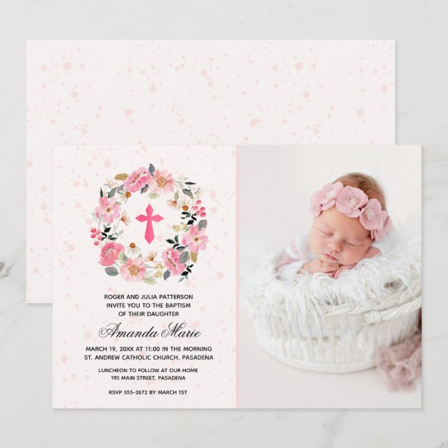 Convites Girl Baptism Watercolor Pink Floral Invitations (Frente/Verso)