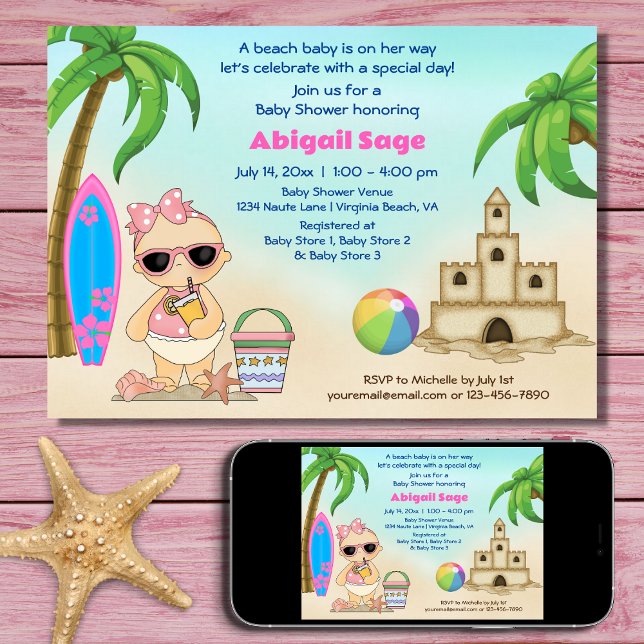 Convites Girl Beach Baby Sandcastle, Chá de fraldas de surf (Printed and Digital - Girl Beach Baby Sandcastle, Surfboard Baby Shower Invitation)