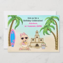 Convites Girl Beach Baby Sandcastle, primeiro aniversario d