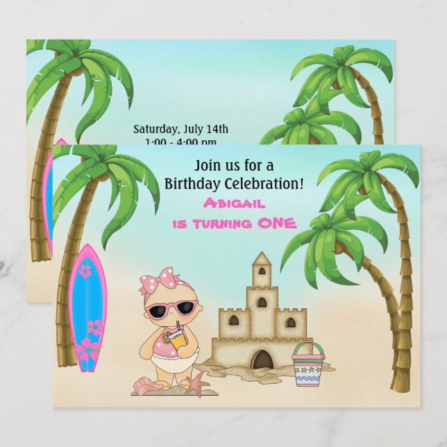 Convites Girl Beach Baby Sandcastle, primeiro aniversario d (Frente/Verso)