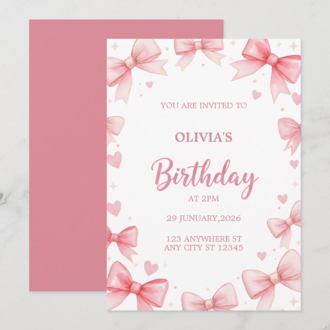 Convites Girl Birthday Invitation Pink Bow Sweet Kids Party (Frente/Verso)