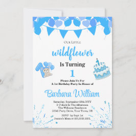 Convites Girl Blue Bear 1st Birthday Invitation Card