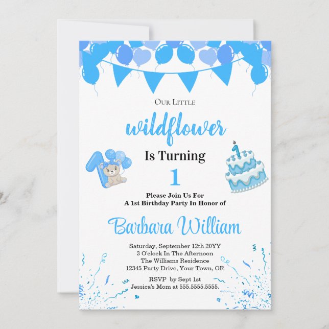Convites Girl Blue Bear 1st Birthday Invitation Card (Frente)