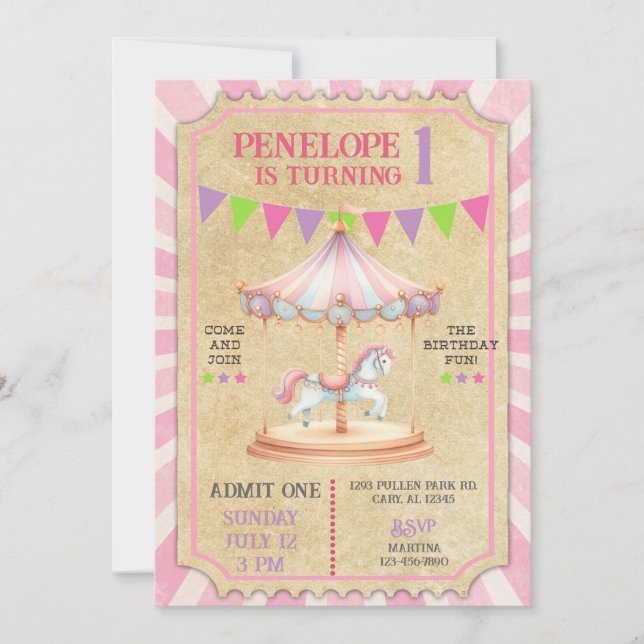Convites Girl carnival merry go round birthday invite. (Frente)