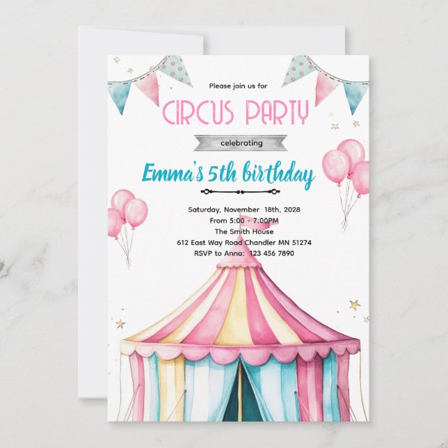 Convites Girl circus party theme invitation (Frente)