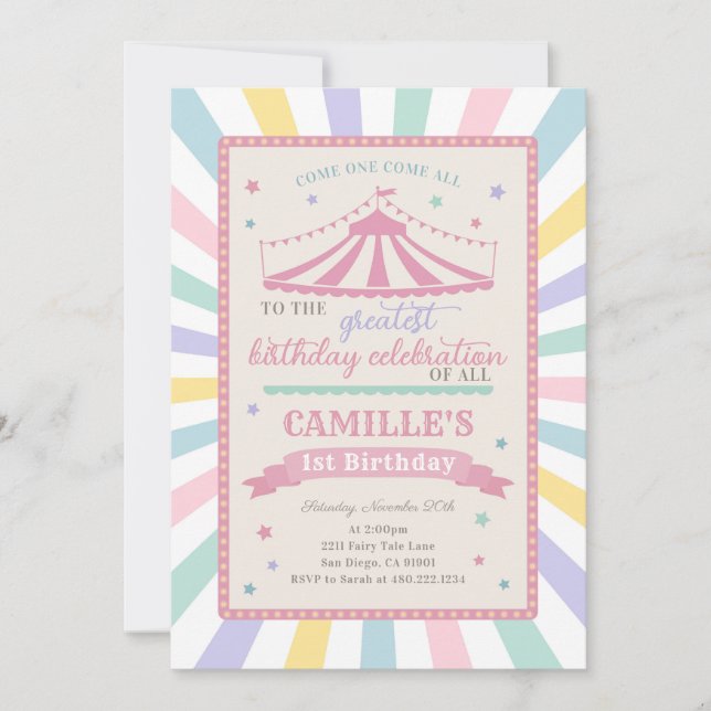 Convites Girl Circus Theme Birthday Party Invitation (Frente)