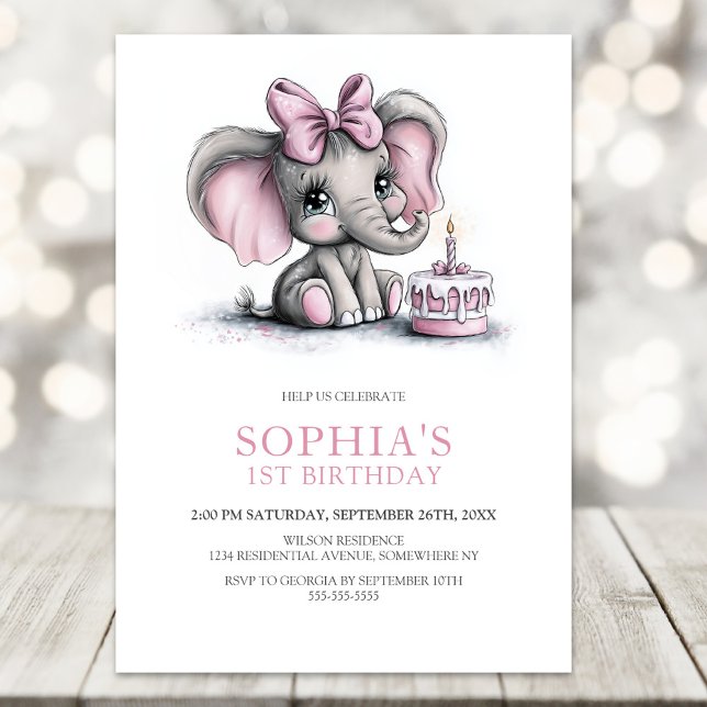 Convites Girl Elephant 1st Birthday Party Invitation (Criador carregado)
