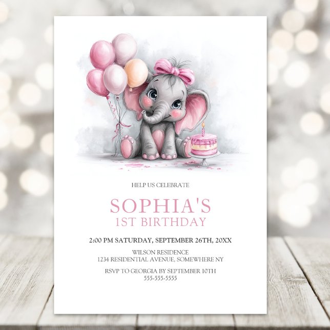 Convites Girl Elephant with Balloons 1st Birthday Party (Criador carregado)