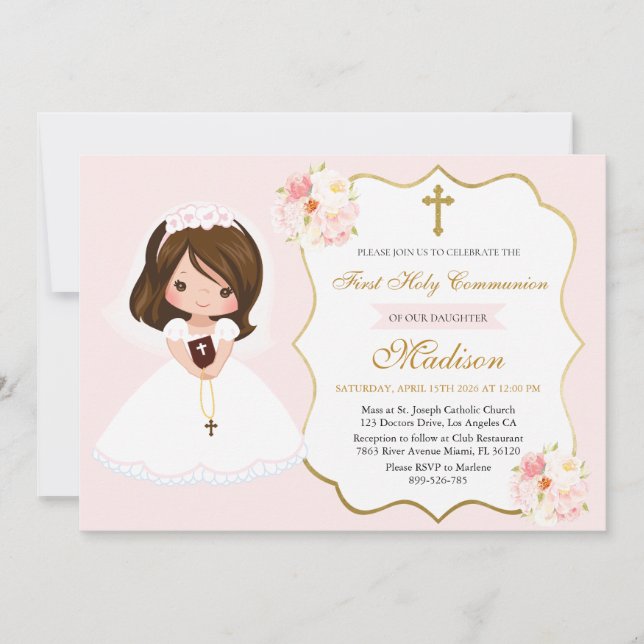Convites Girl First Holy Communion Invitation Elegant Cute (Frente)