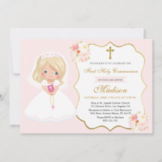 Convites Girl First Holy Communion Invitation Soft Pink