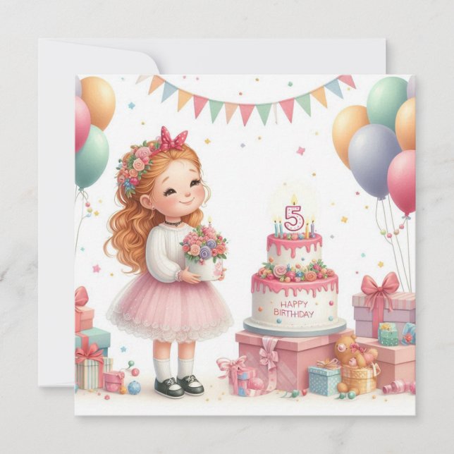 Convites Girl five years old birthday Personalize Custom (Frente)