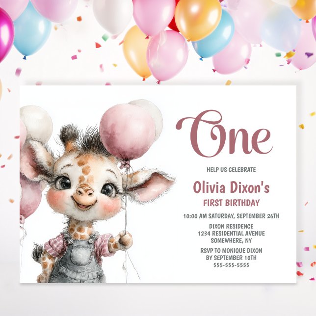 Convites Girl Giraffe 1st Birthday Party Invitation (Criador carregado)