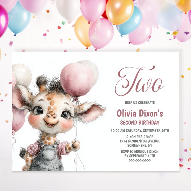 Convites Girl Giraffe 2nd Birthday Party Invitation (Criador carregado)
