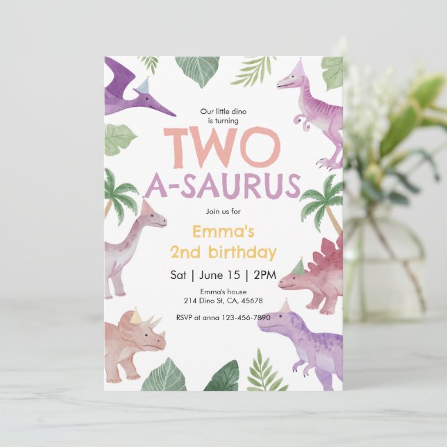 Convites Girl One A Saurus Dinosaur Birthday Invitation (Em pé/Frente)