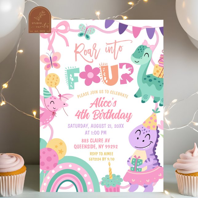 Convites Girl Pastel Dinosaur 4th Birthday invitation (Criador carregado)