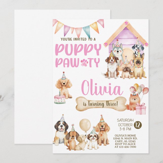 Convites Girl puppy / dogs birthday party invitation. (Frente/Verso)