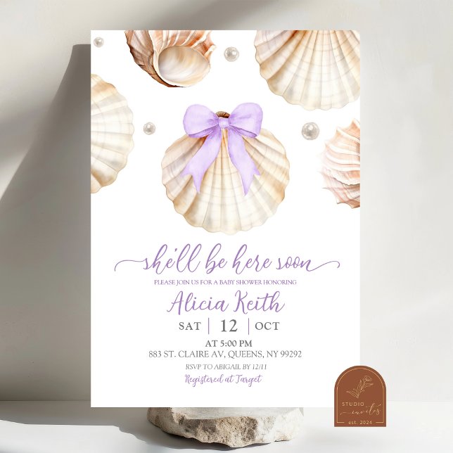 Convites Girl Purple Shell Baby Shower Invitation (Criador carregado)