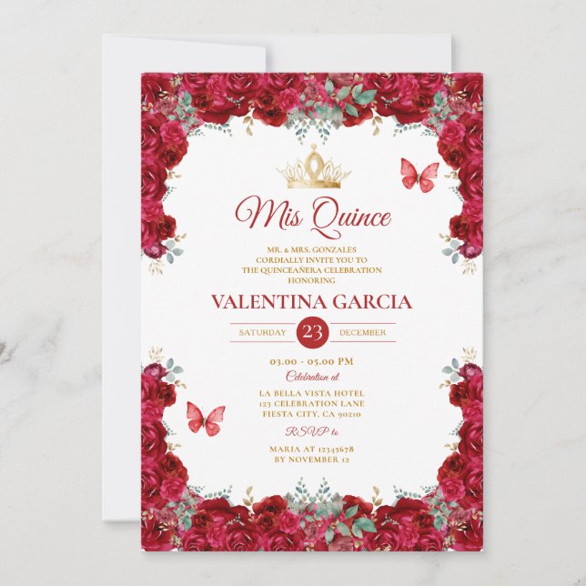 Convites Girl Red Quinceañera 15 Anos Flowers Gold Crown (Frente)