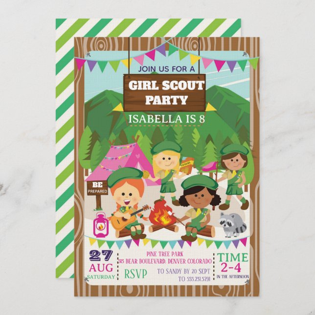 Convites Girl Scouts Camping Birthday Party  (Frente/Verso)
