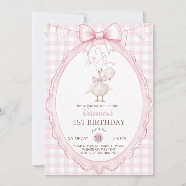 Convites Girl Silly Goose 1st first birthday invite, goose. (Frente)