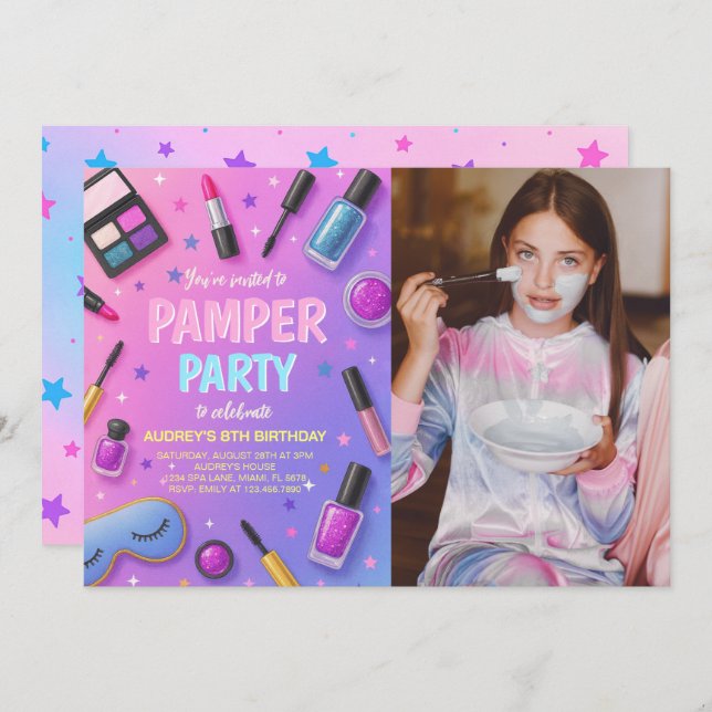 Convites Girl Spa Pamper Party Birthday Photo Invitation (Frente/Verso)