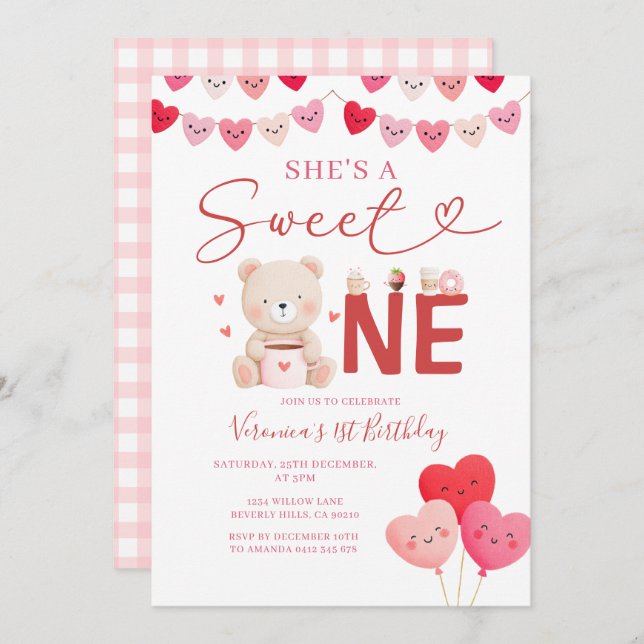 Convites Girl Sweet One Bear Valentine Birthday Gift Party (Frente/Verso)