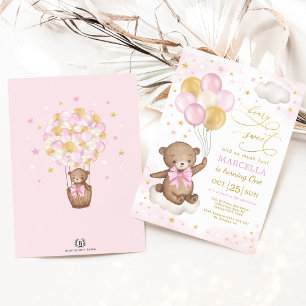 Convites Girl Teddy Bear Pink Gold Balloons 1st Birthday
