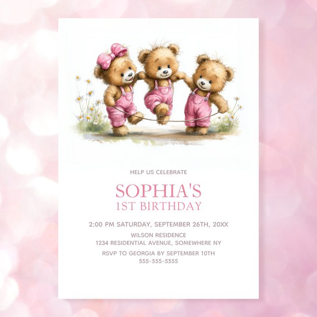 Convites Girl Teddy Bears 1st Birthday Party (Criador carregado)