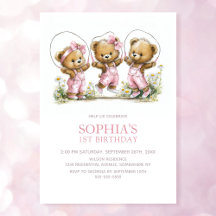 Girl Teddy Bears In Pink Overalls 1st Birthday