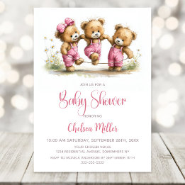 Convites Girl Teddy Bears in Pink Overalls Baby Shower