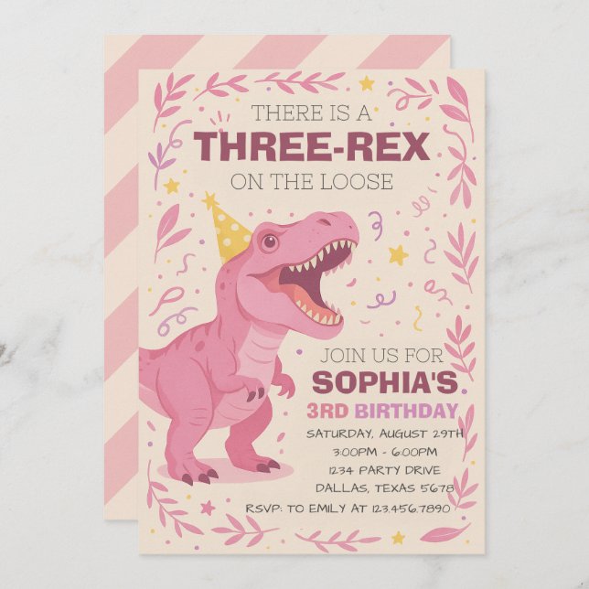 Convites Girl Three-Rex Dinosaur Birthday (Frente/Verso)